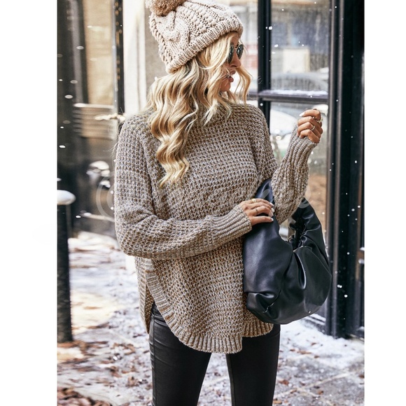 Waffle Knit Khaki Long Sleeve Sweater Turtleneck - Picture 2 of 7